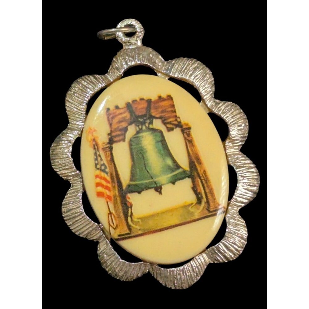 Vintage Liberty Bell Pendant With‎ Scalloped Metal Frame